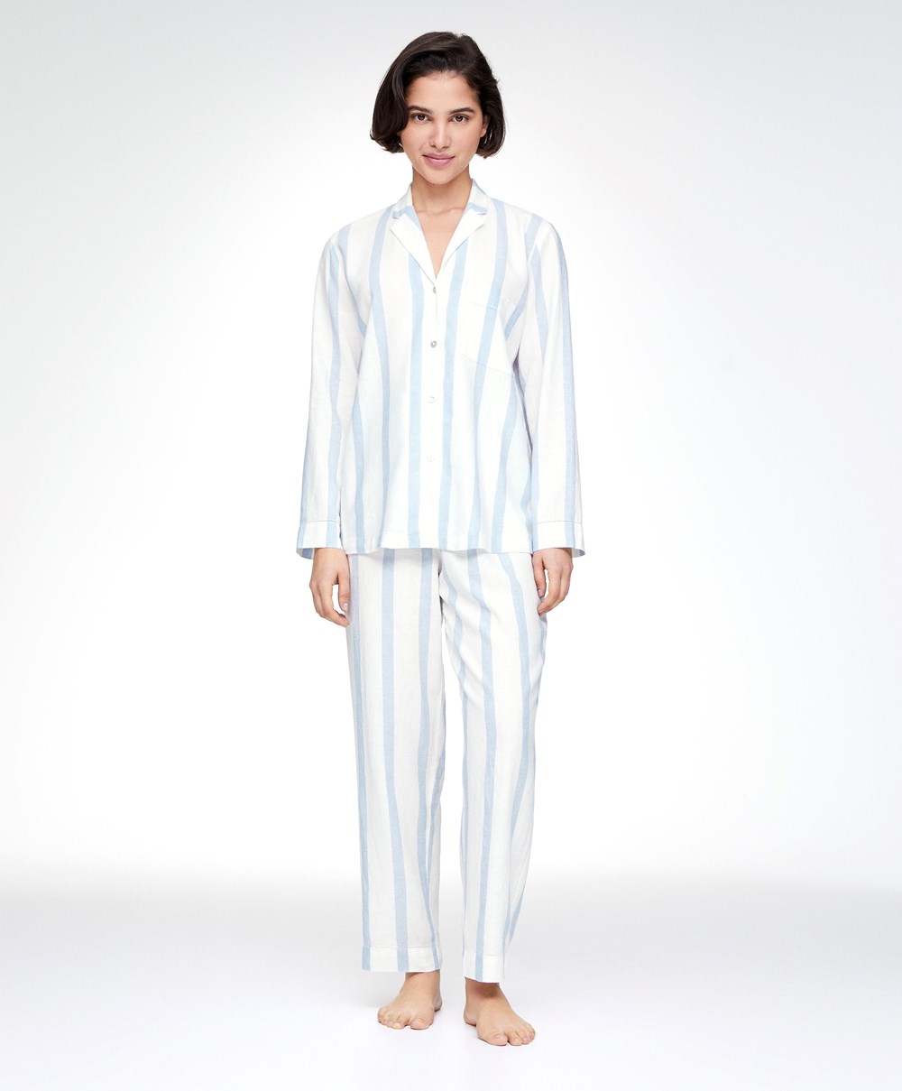 Pale Ecru Oysho Linen Stripe Trousers | TZMB43186