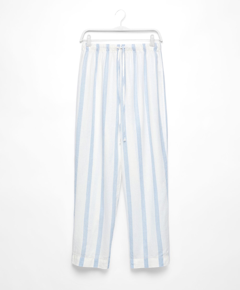 Pale Ecru Oysho Linen Stripe Trousers | TZMB43186