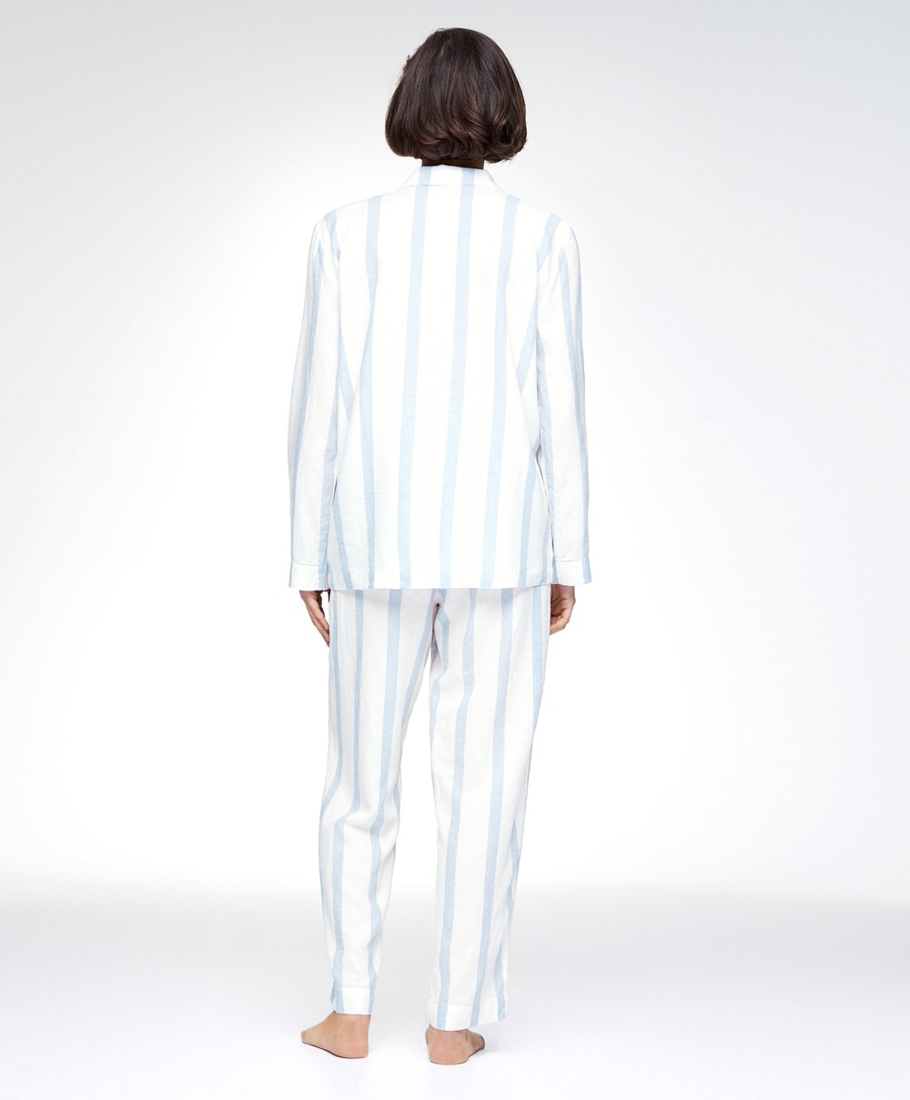 Pale Ecru Oysho Striped Linen Long-sleeved Shirt | FLKG87369