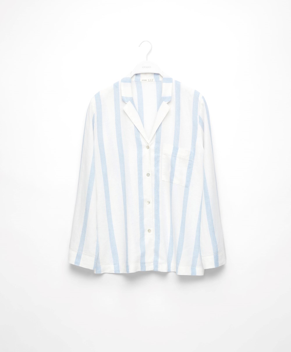 Pale Ecru Oysho Striped Linen Long-sleeved Shirt | FLKG87369