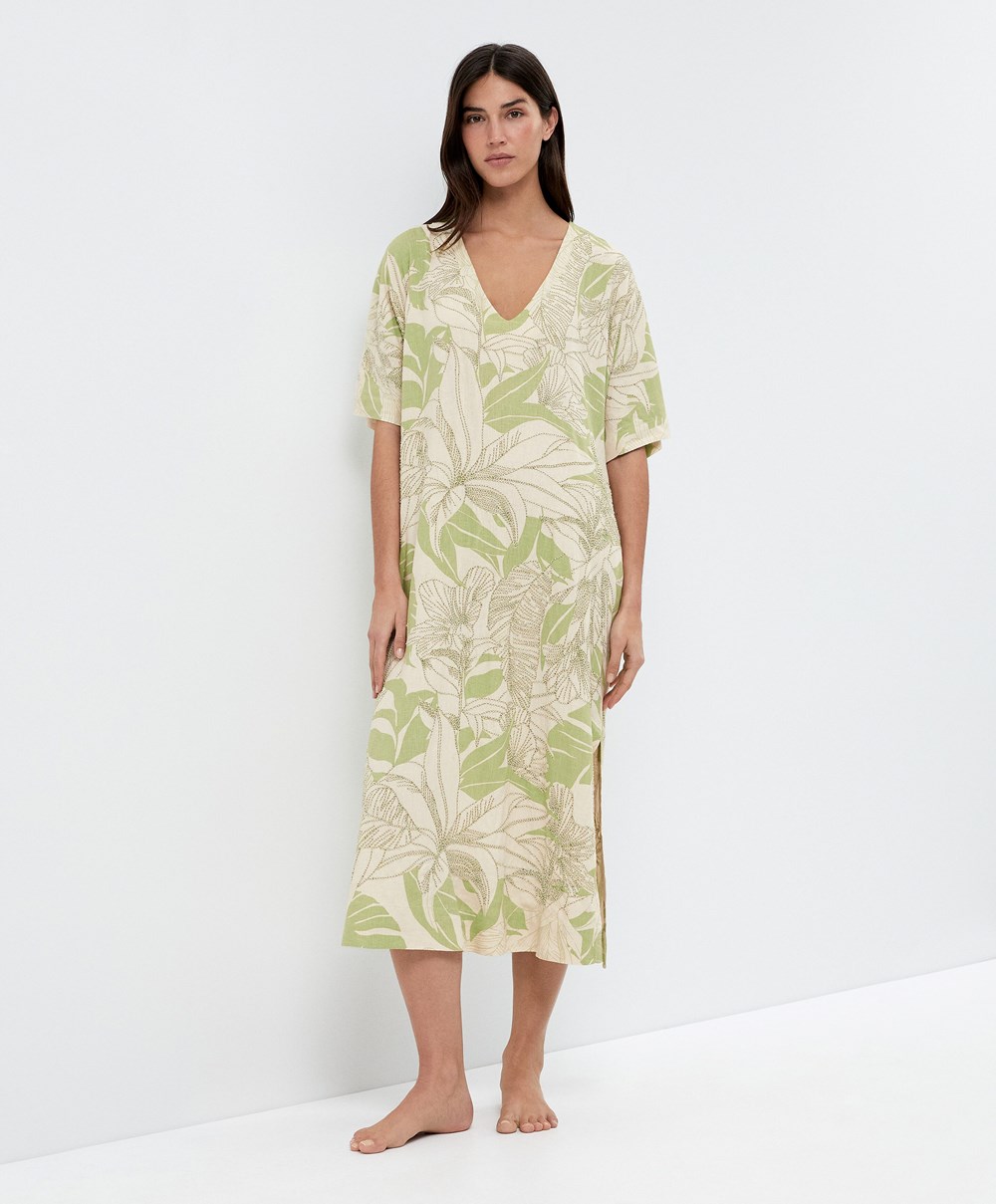 Pale Pistachio Oysho Beaded Embroidery Linen Midi Tunic | TAEB27354