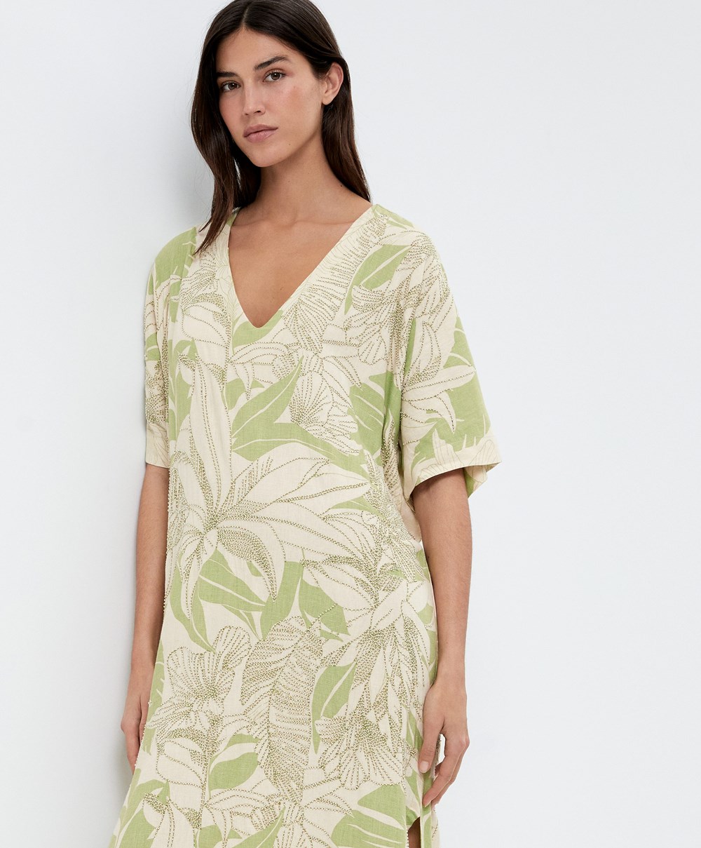 Pale Pistachio Oysho Beaded Embroidery Linen Midi Tunic | TAEB27354