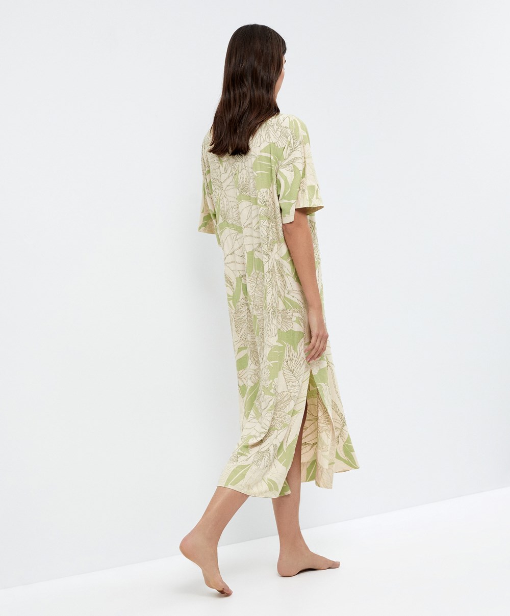 Pale Pistachio Oysho Beaded Embroidery Linen Midi Tunic | TAEB27354