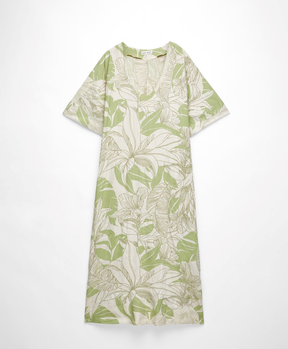 Pale Pistachio Oysho Beaded Embroidery Linen Midi Tunic | TAEB27354