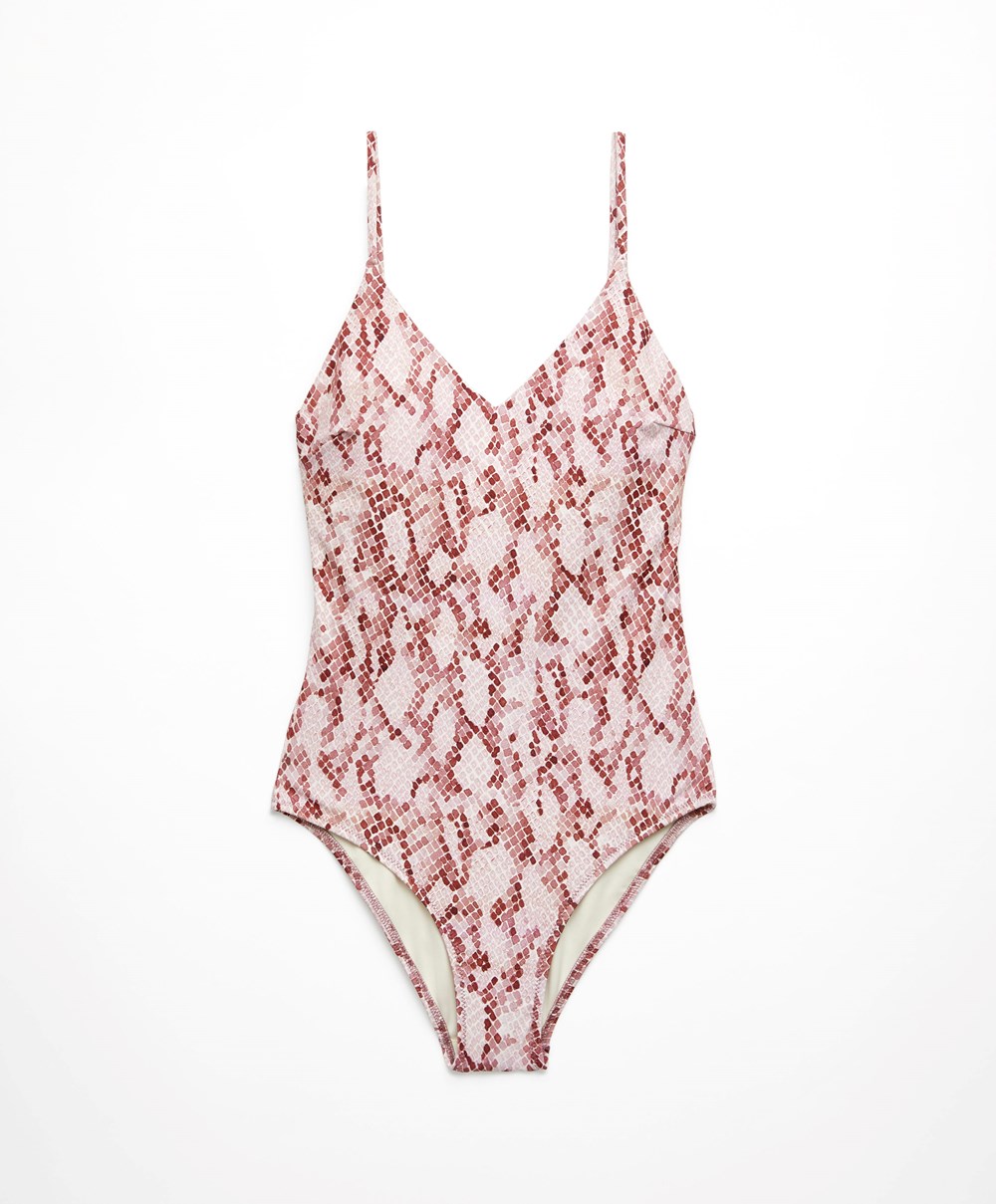 Pink Oysho Snake Print V-neck Swimsuit | NDUM23570