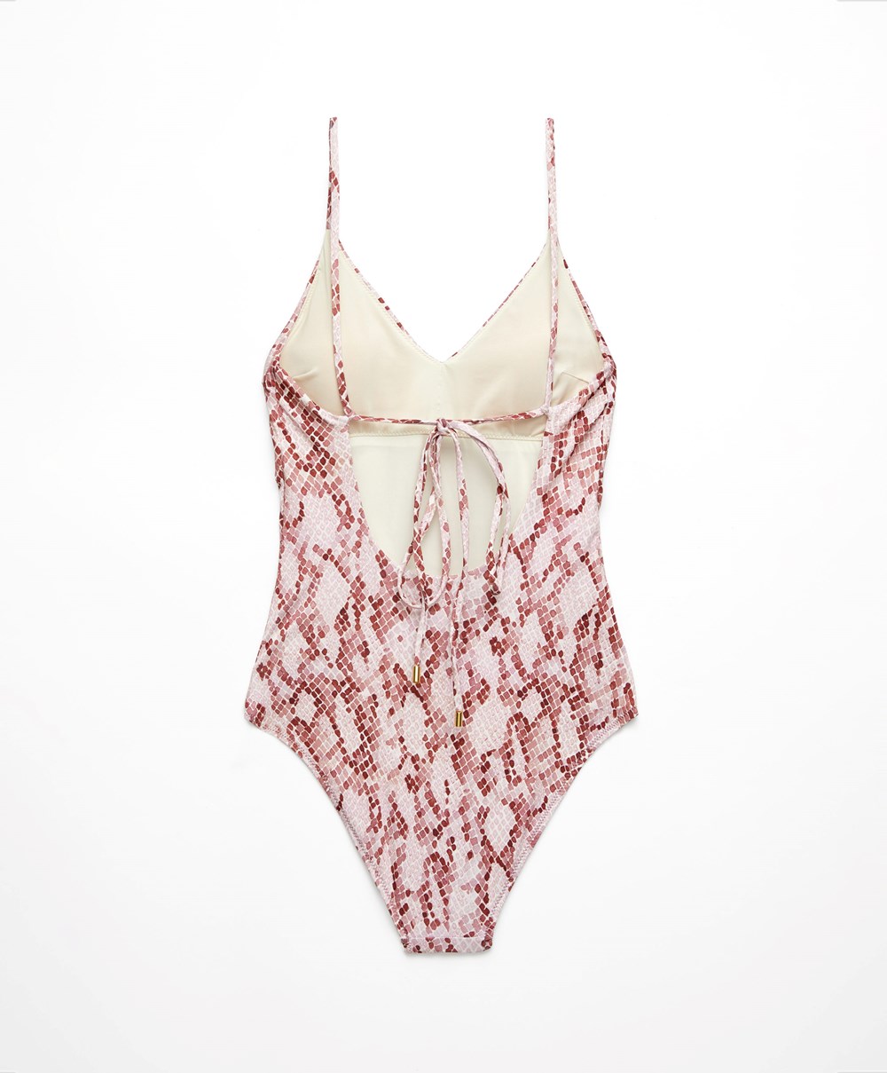 Pink Oysho Snake Print V-neck Swimsuit | NDUM23570