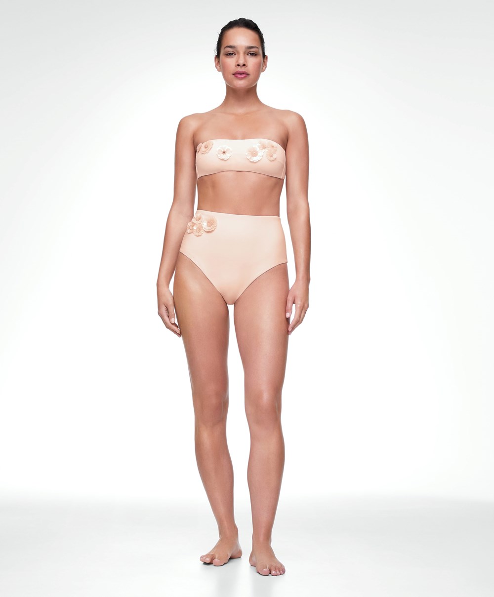 Pink-ecru Oysho Sequinned Flowers Bandeau Bikini Top | LVWF30672