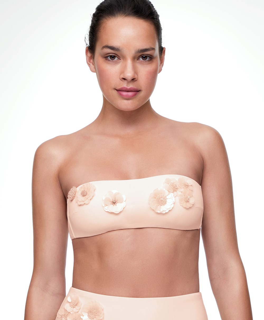 Pink-ecru Oysho Sequinned Flowers Bandeau Bikini Top | LVWF30672