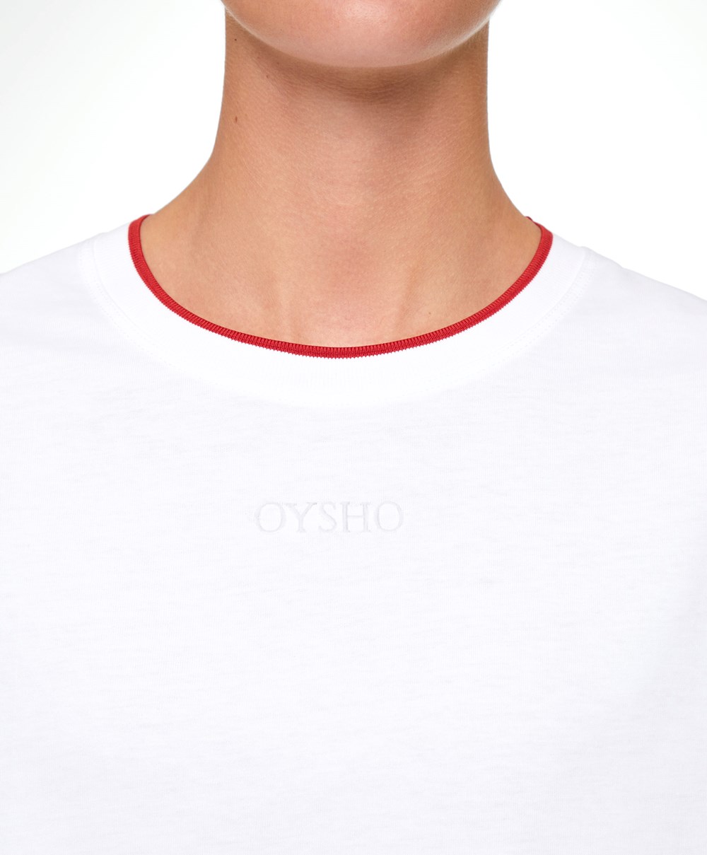 Red Oysho 100% Cotton Cropped Short-sleeved Logo T-shirt | IHWP30715