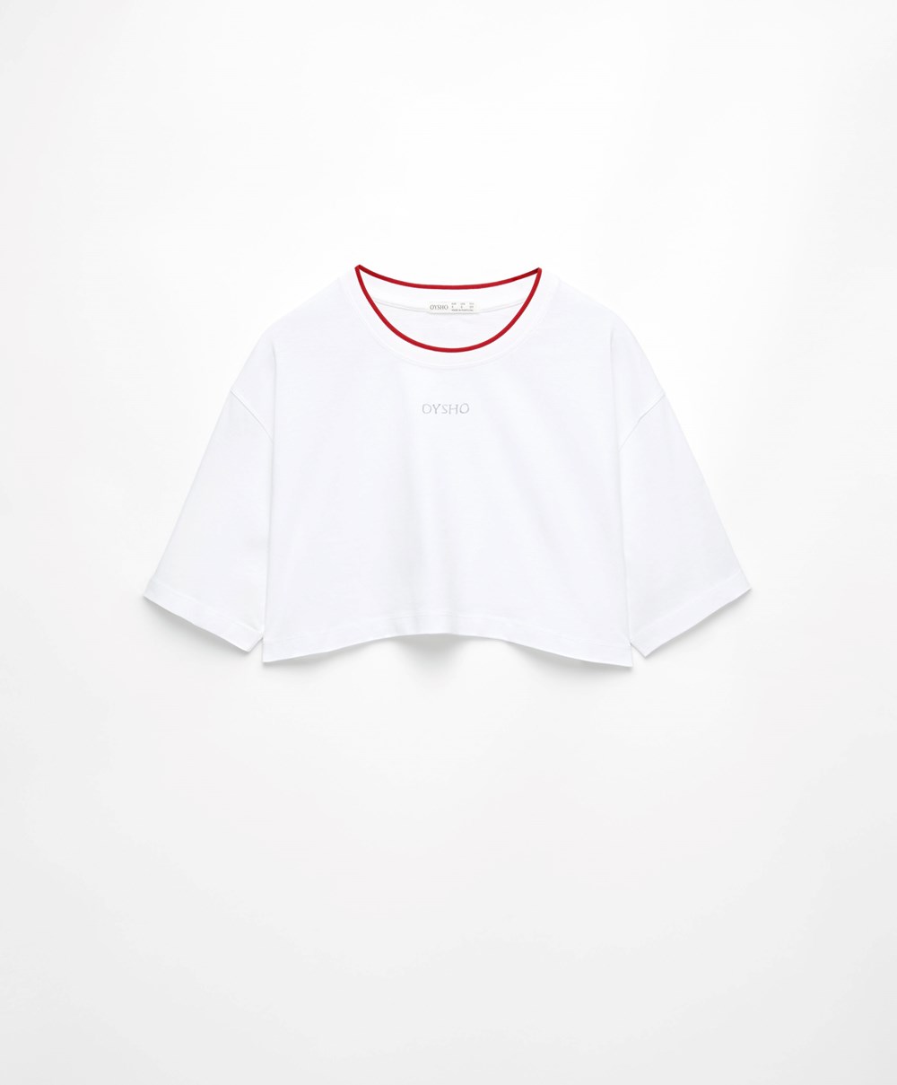 Red Oysho 100% Cotton Cropped Short-sleeved Logo T-shirt | IHWP30715