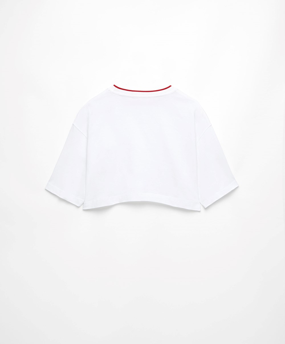 Red Oysho 100% Cotton Cropped Short-sleeved Logo T-shirt | IHWP30715