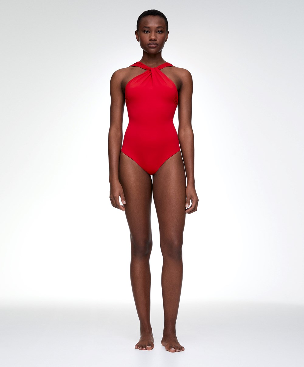 Red Oysho Draped Halter Swimsuit | YRTN01924