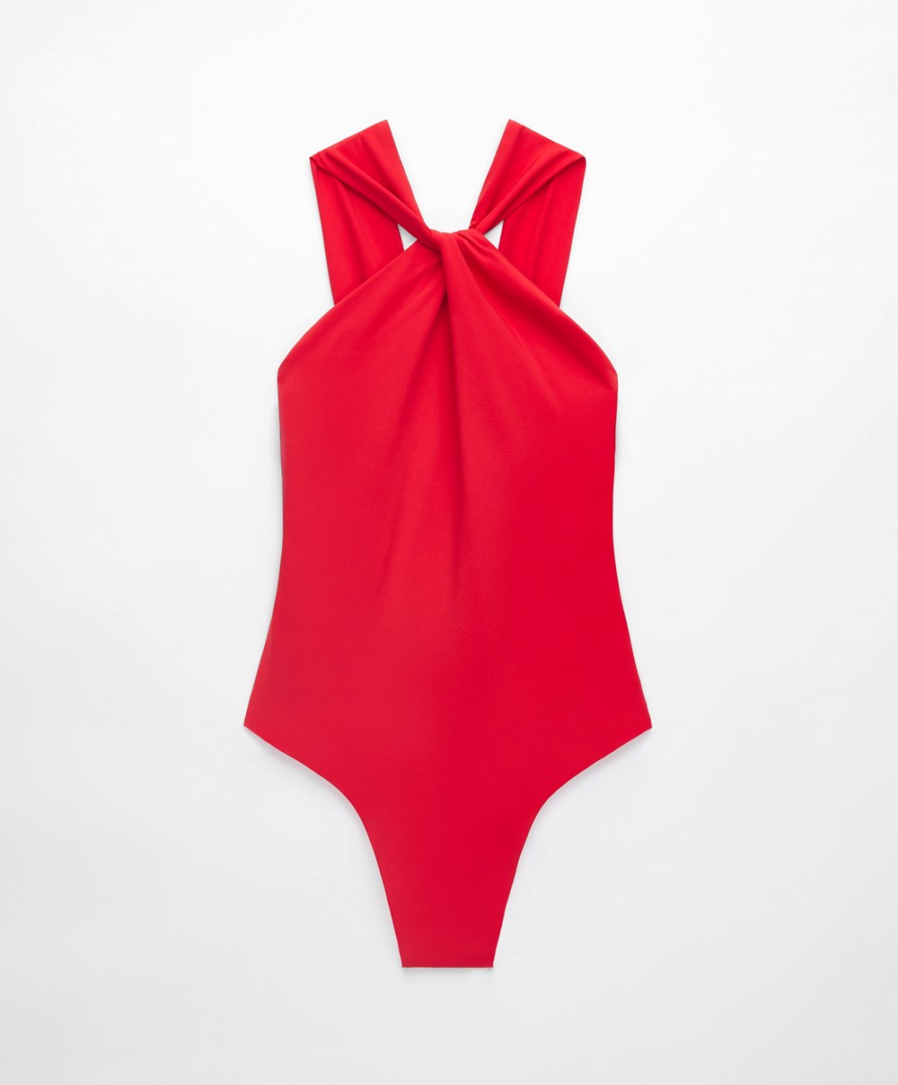 Red Oysho Draped Halter Swimsuit | YRTN01924