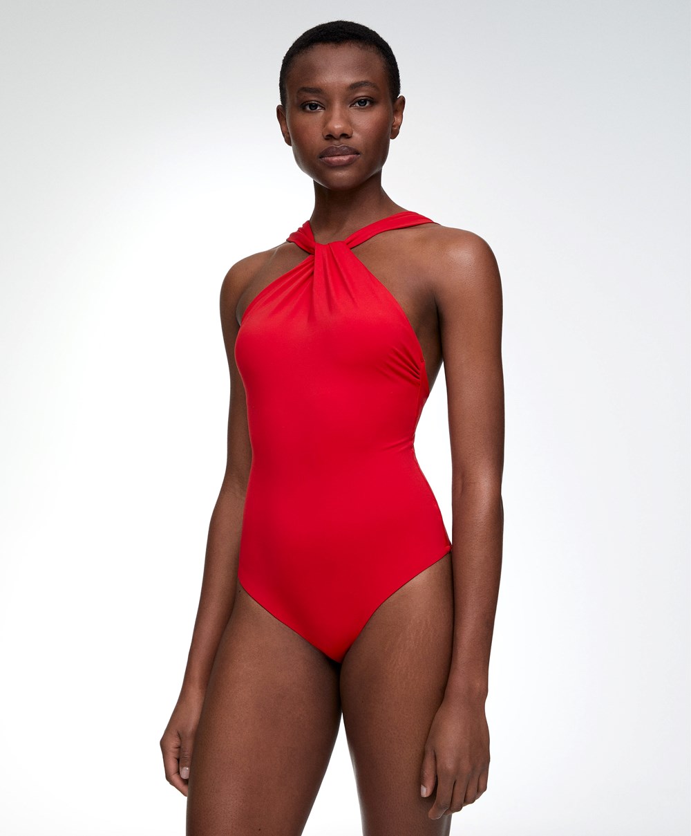 Red Oysho Draped Halter Swimsuit | YRTN01924