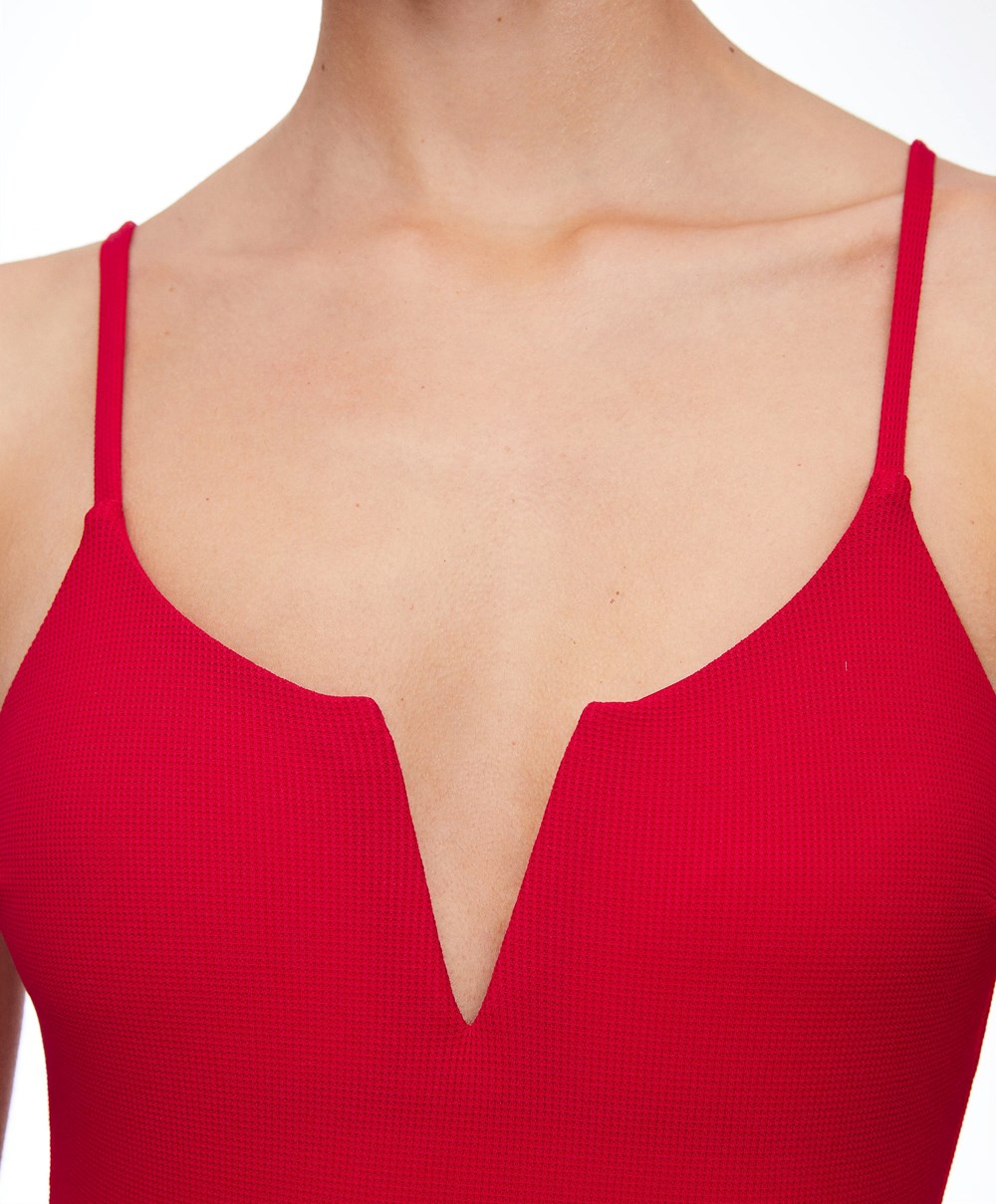 Red Oysho Piqué V-neck Swimsuit | OEAT43697