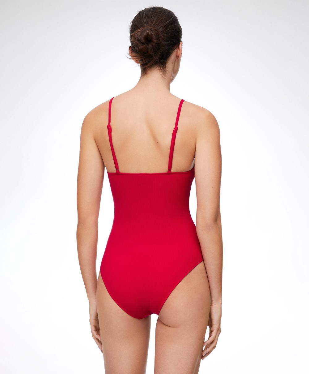 Red Oysho Piqué V-neck Swimsuit | OEAT43697