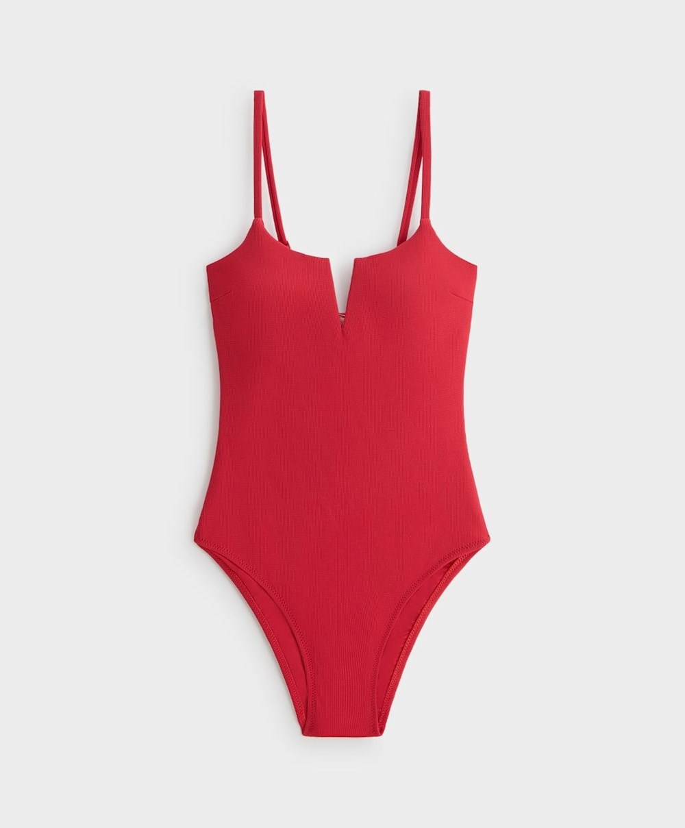 Red Oysho Piqué V-neck Swimsuit | OEAT43697