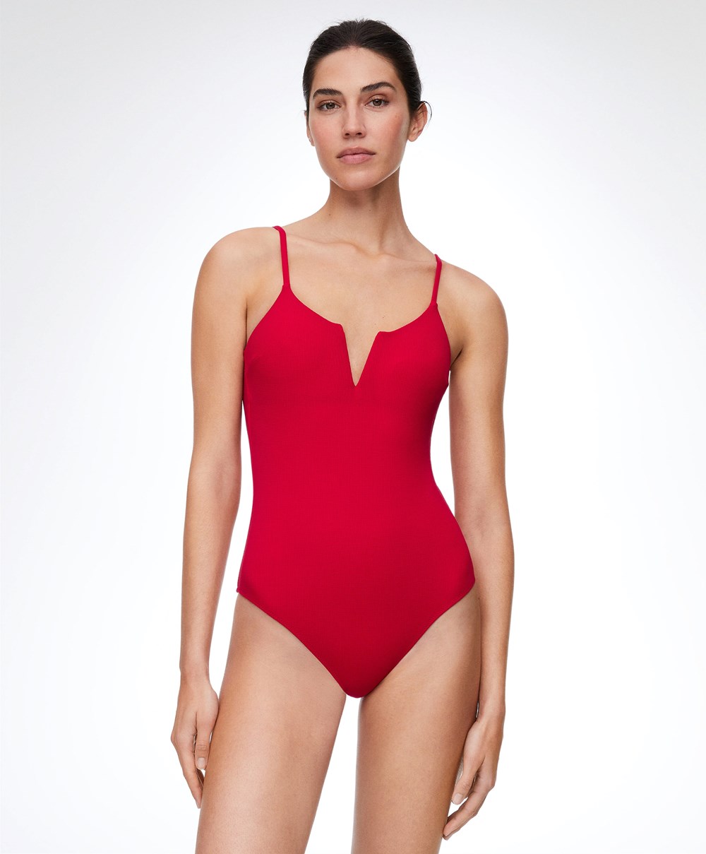 Red Oysho Piqué V-neck Swimsuit | OEAT43697