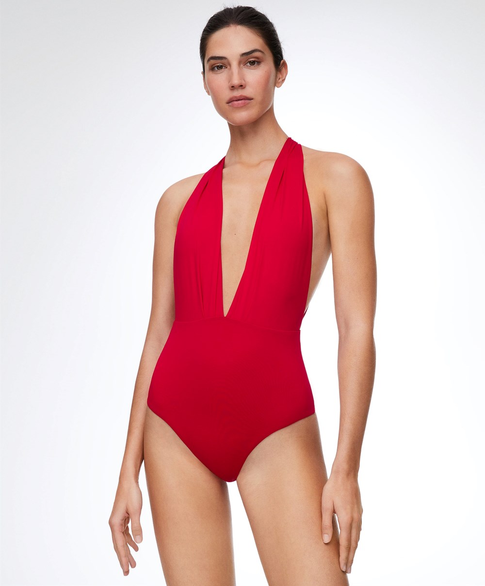 Red Oysho Ruched Vertical Neck Swimsuit | PSBO13562