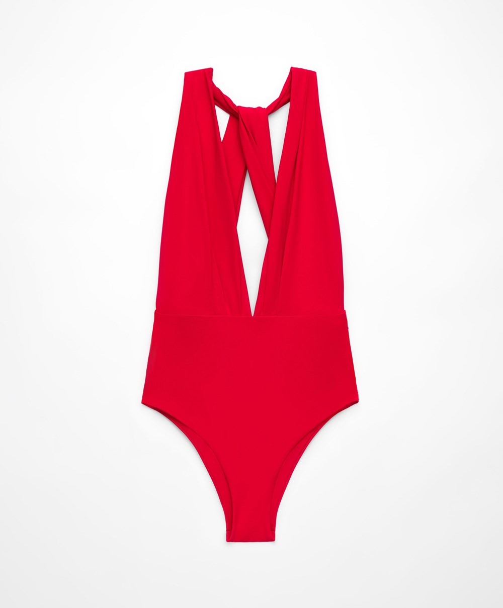 Red Oysho Ruched Vertical Neck Swimsuit | PSBO13562