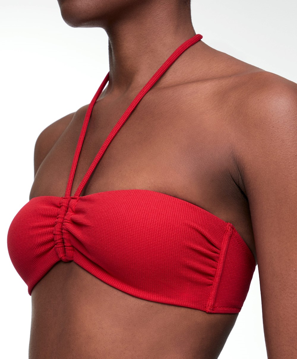 Red Oysho U-cut Bandeau Piqué Bikini Top | VIYQ01762