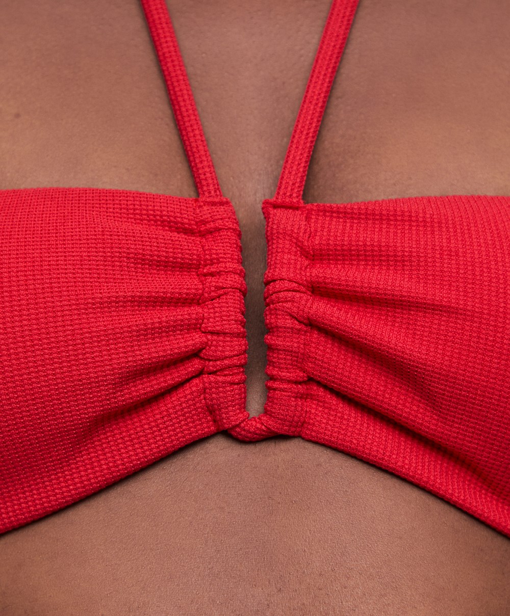 Red Oysho U-cut Bandeau Piqué Bikini Top | VIYQ01762