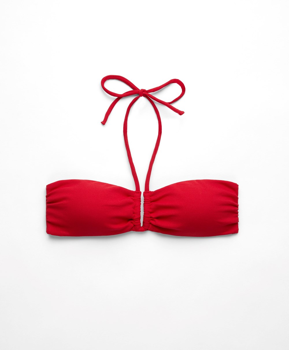 Red Oysho U-cut Bandeau Piqué Bikini Top | VIYQ01762