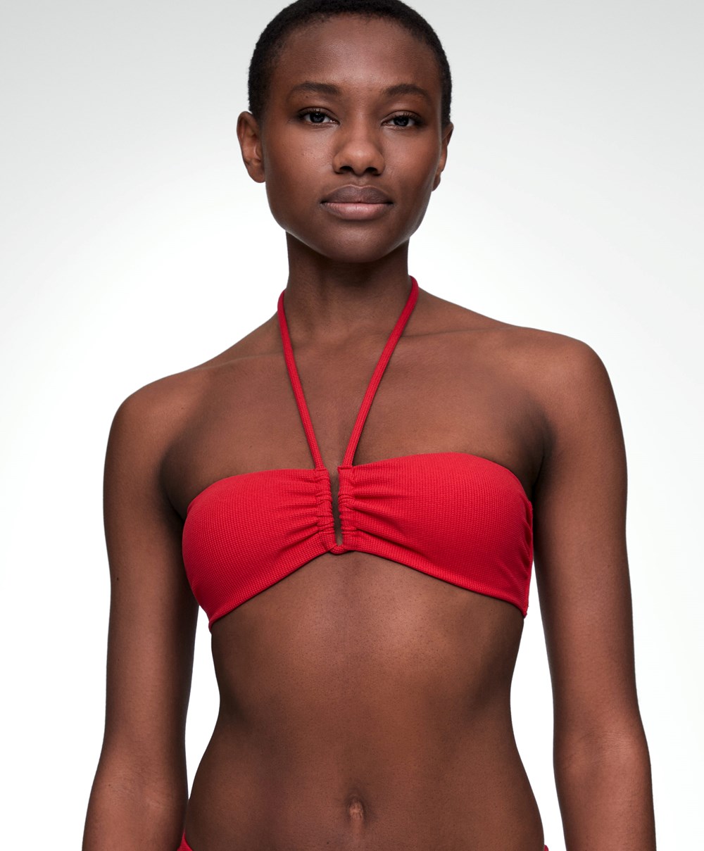 Red Oysho U-cut Bandeau Piqué Bikini Top | VIYQ01762