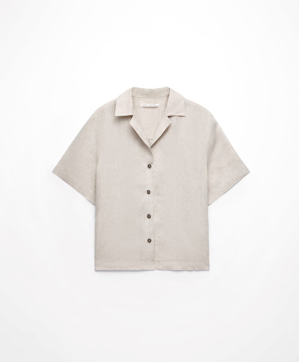 Sand Melange Oysho 100% Linen Shirt | LKFH75208