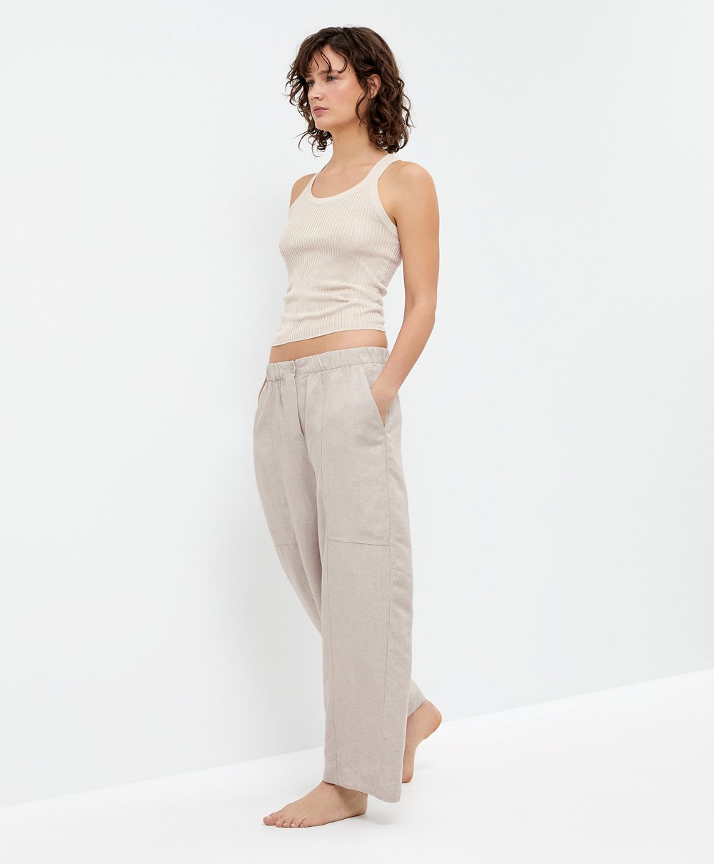 Sand Melange Oysho Linen Barrel Trousers | WGZV06189