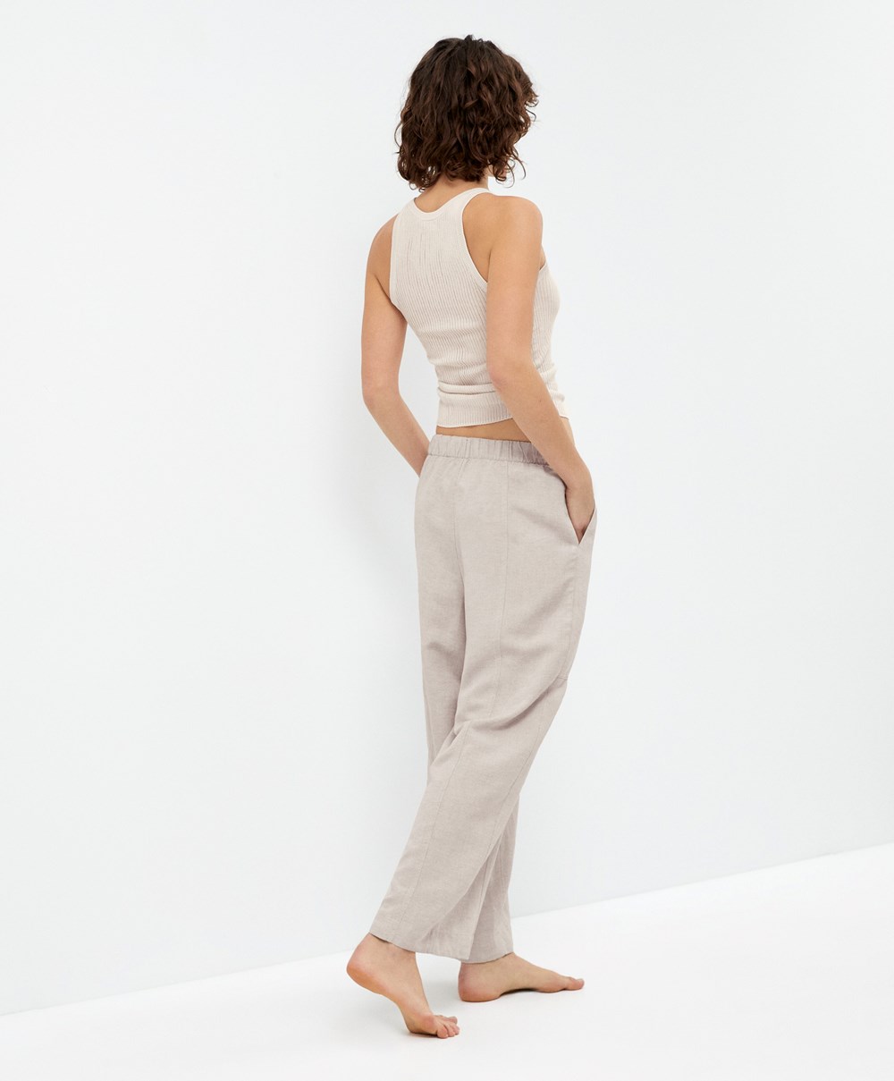 Sand Melange Oysho Linen Barrel Trousers | WGZV06189