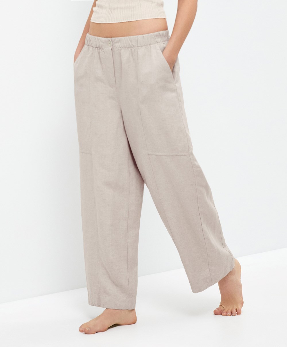 Sand Melange Oysho Linen Barrel Trousers | WGZV06189