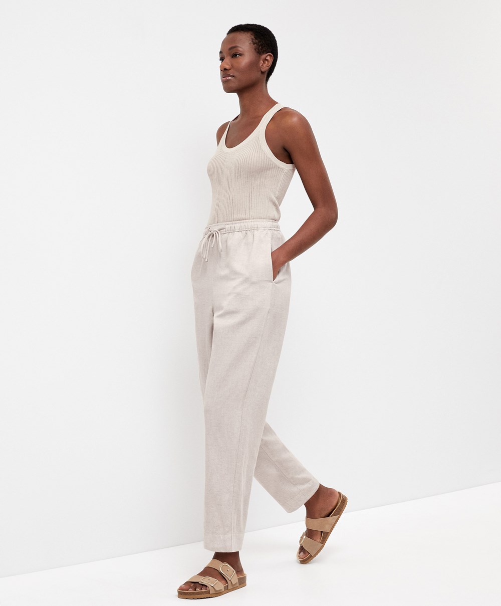 Sand Melange Oysho Linen Relaxed Fit Trousers | CZUA98217