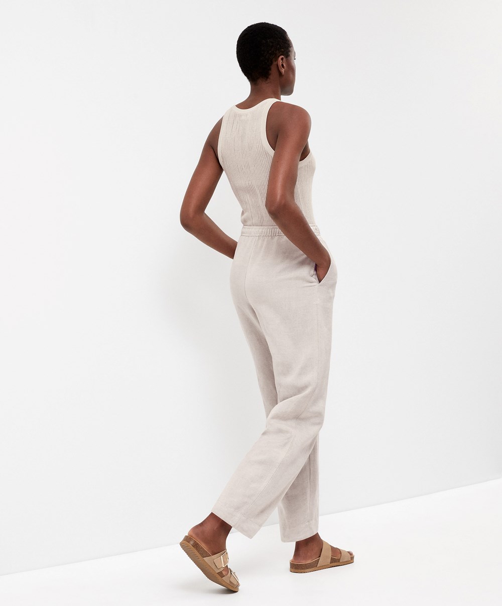 Sand Melange Oysho Linen Relaxed Fit Trousers | CZUA98217