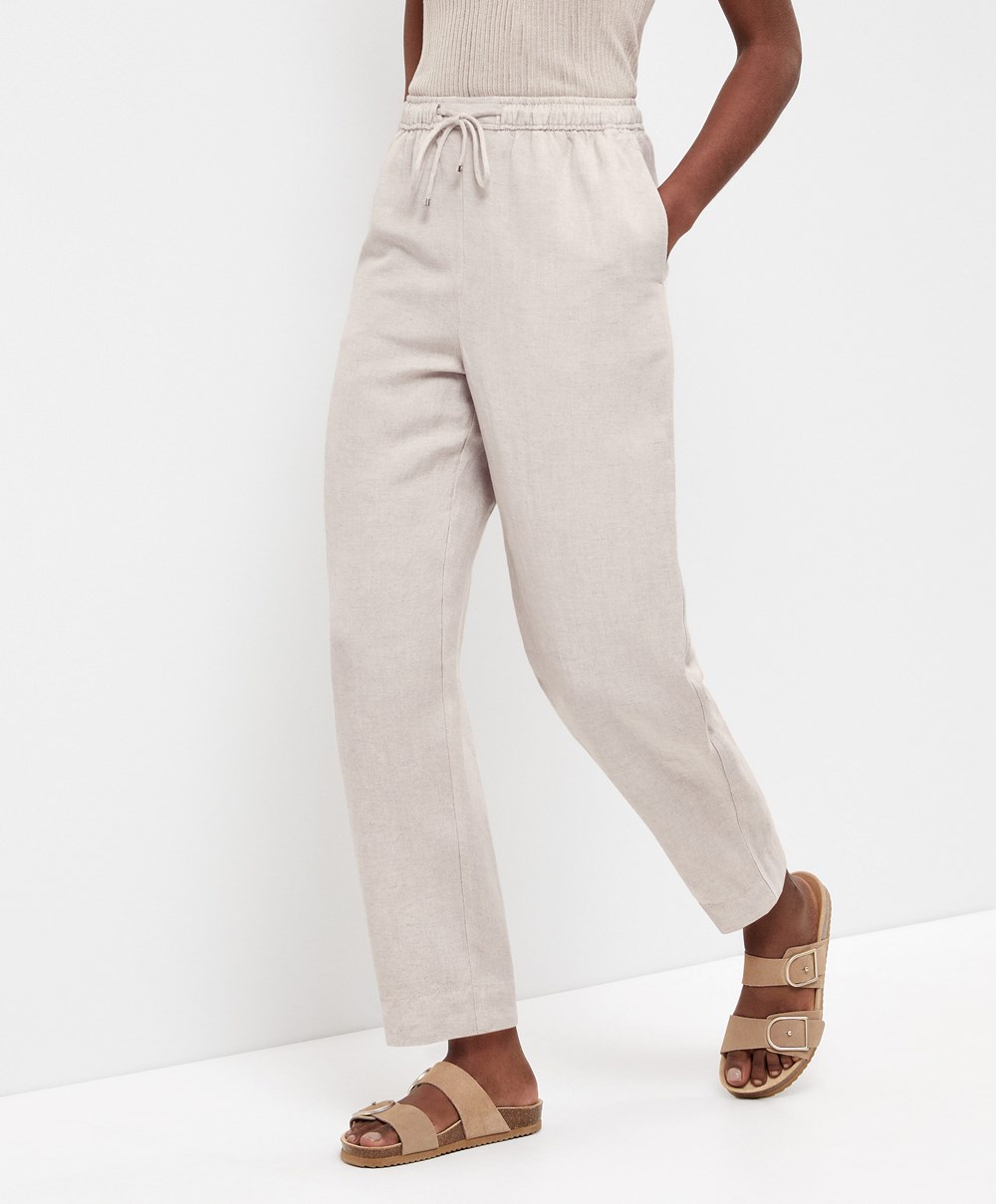 Sand Melange Oysho Linen Relaxed Fit Trousers | CZUA98217