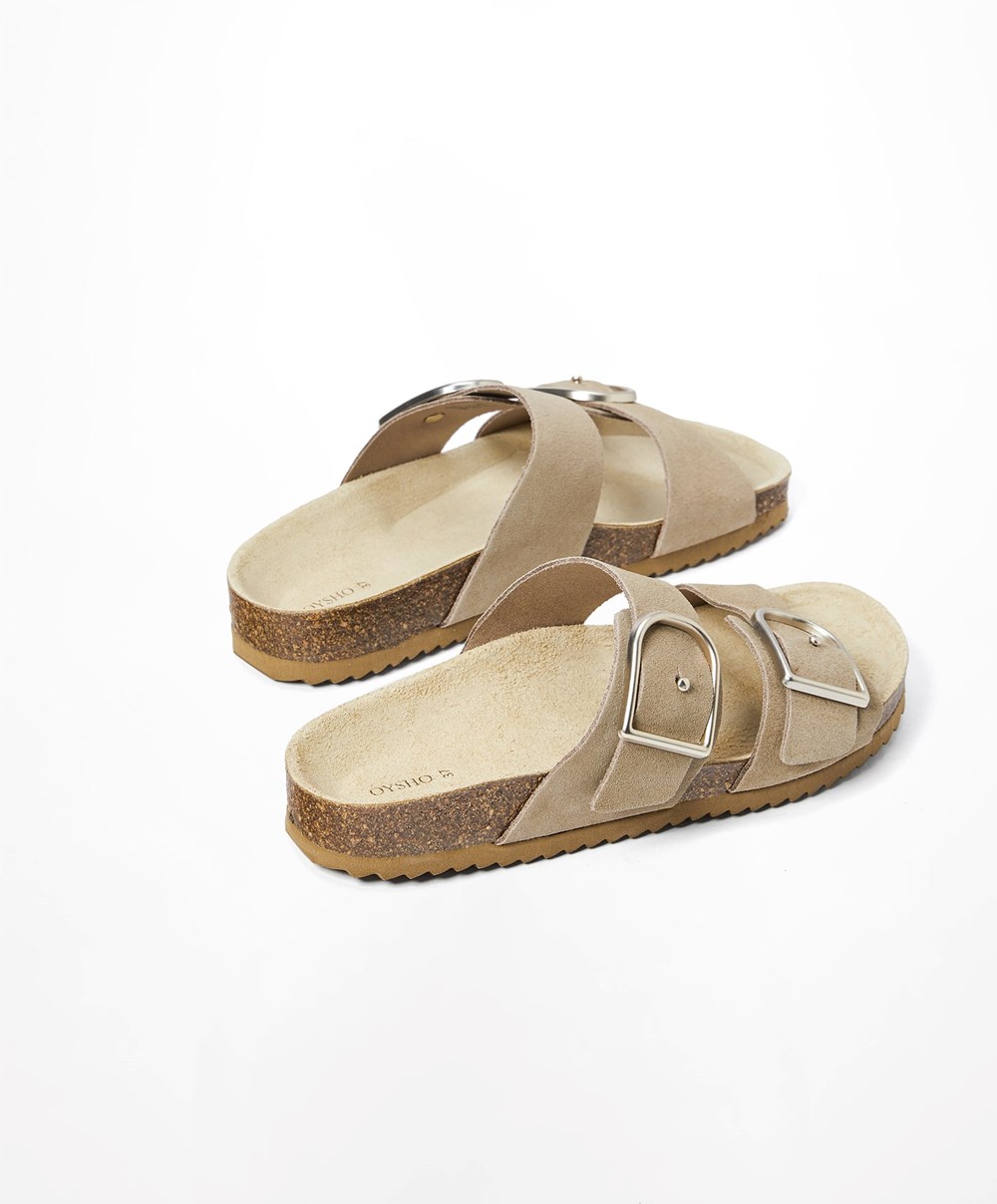 Sand Oysho Buckle Sandals | JRYU98741