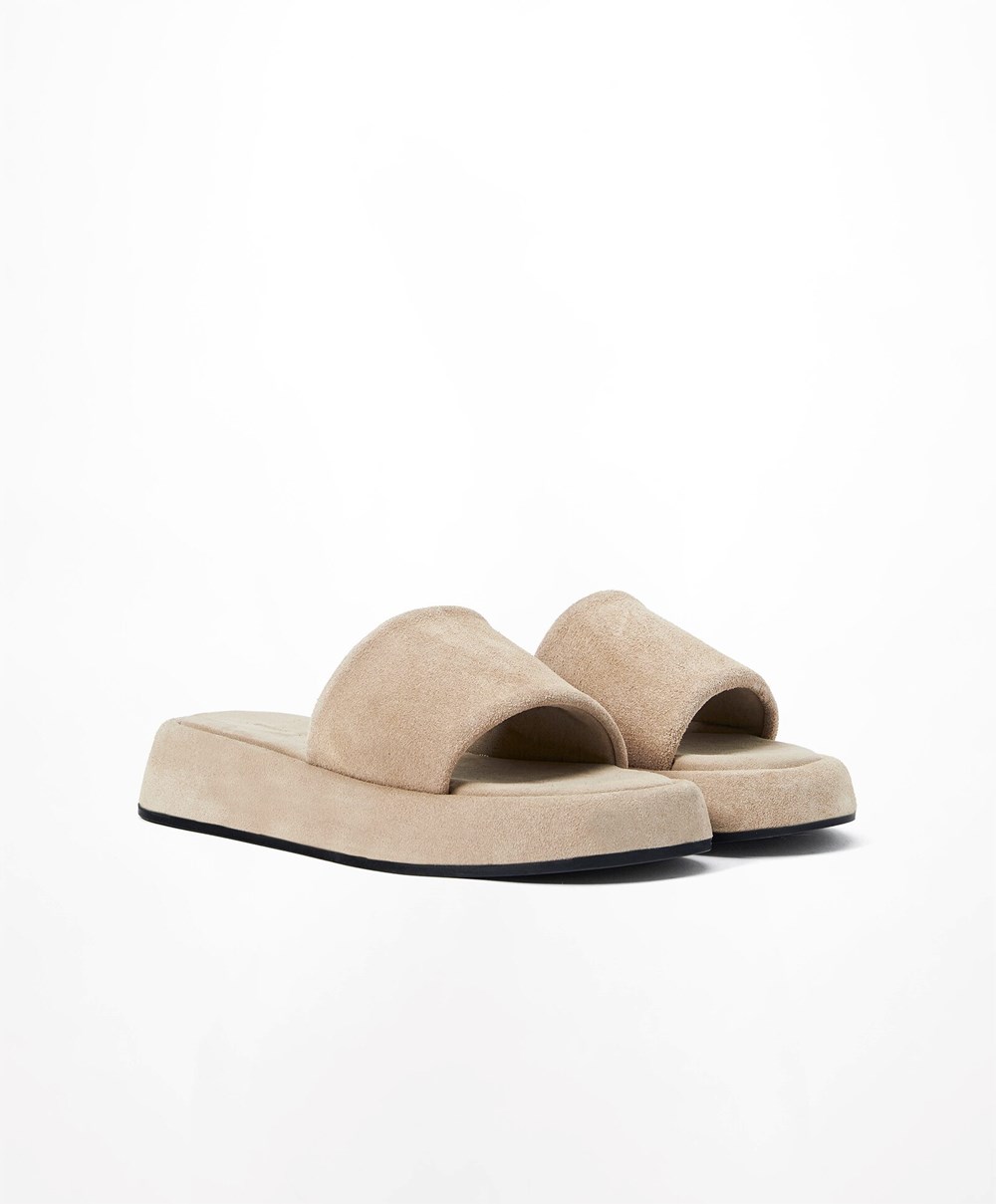 Sand Oysho Split-leather Platform Slides | QECI03978