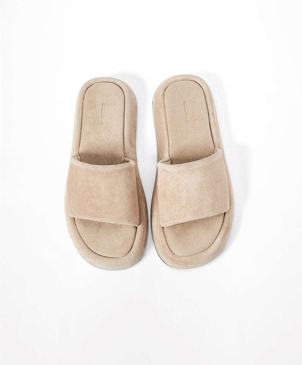 Sand Oysho Split-leather Platform Slides | QECI03978