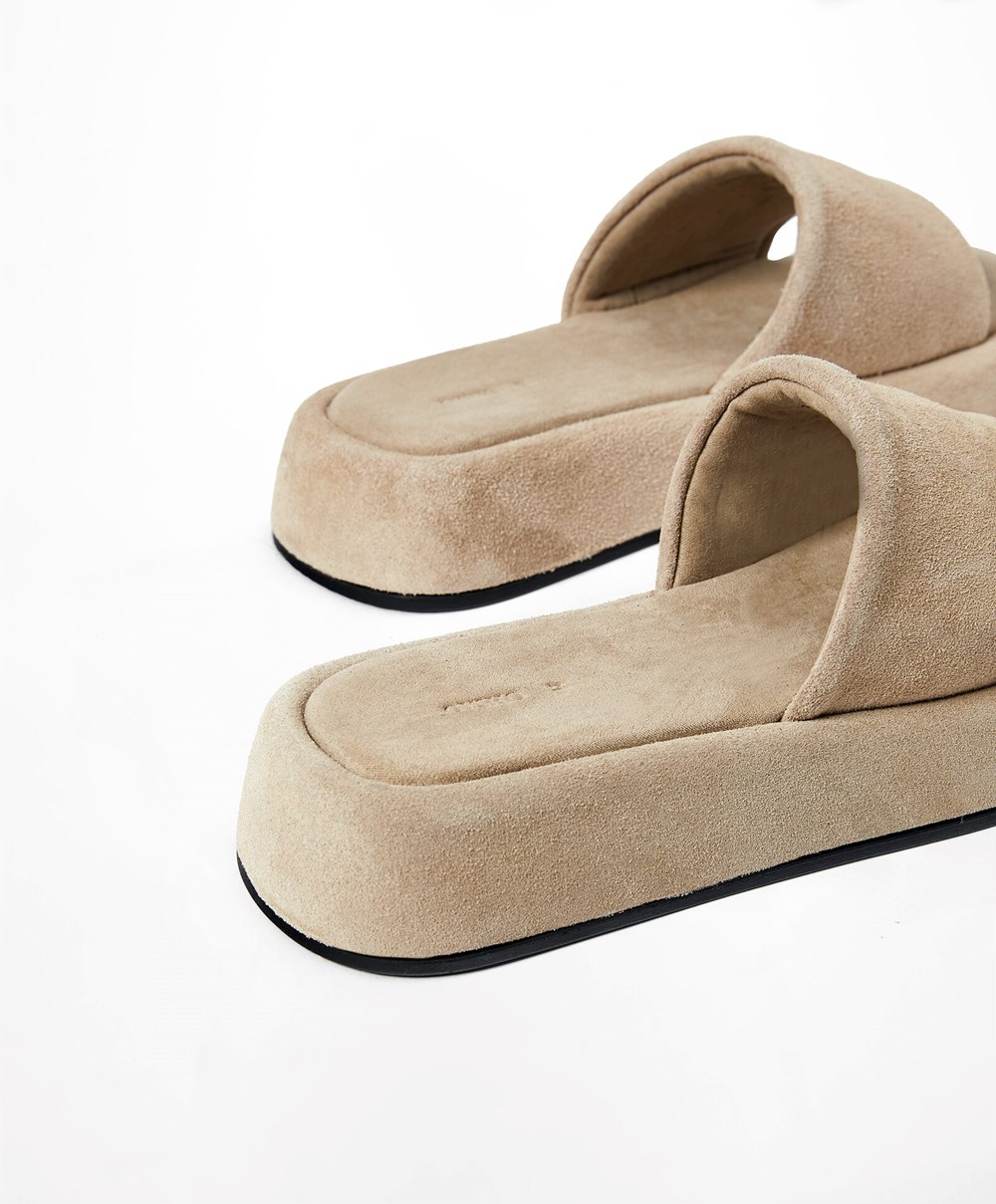 Sand Oysho Split-leather Platform Slides | QECI03978