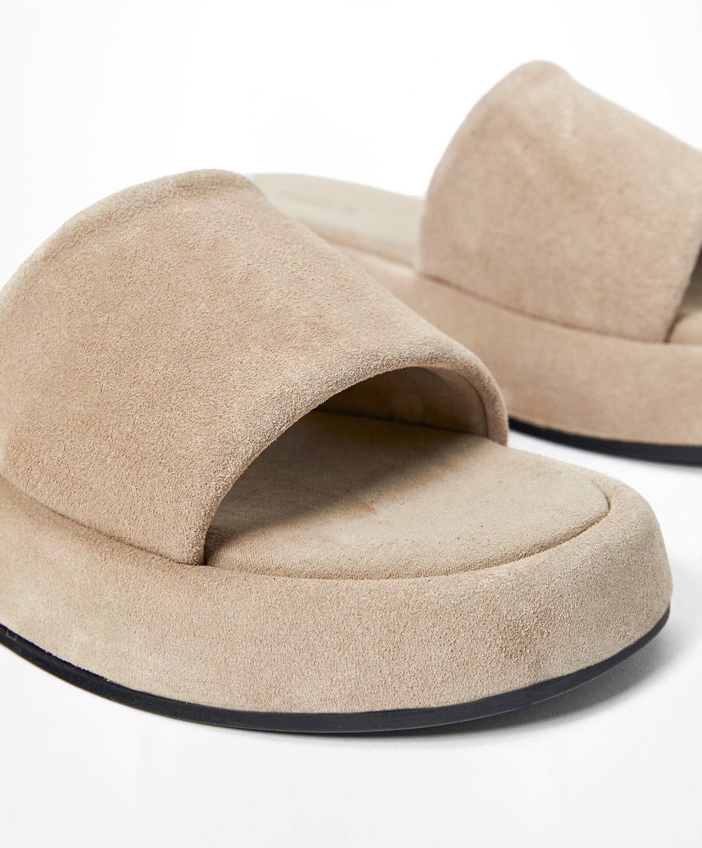 Sand Oysho Split-leather Platform Slides | QECI03978