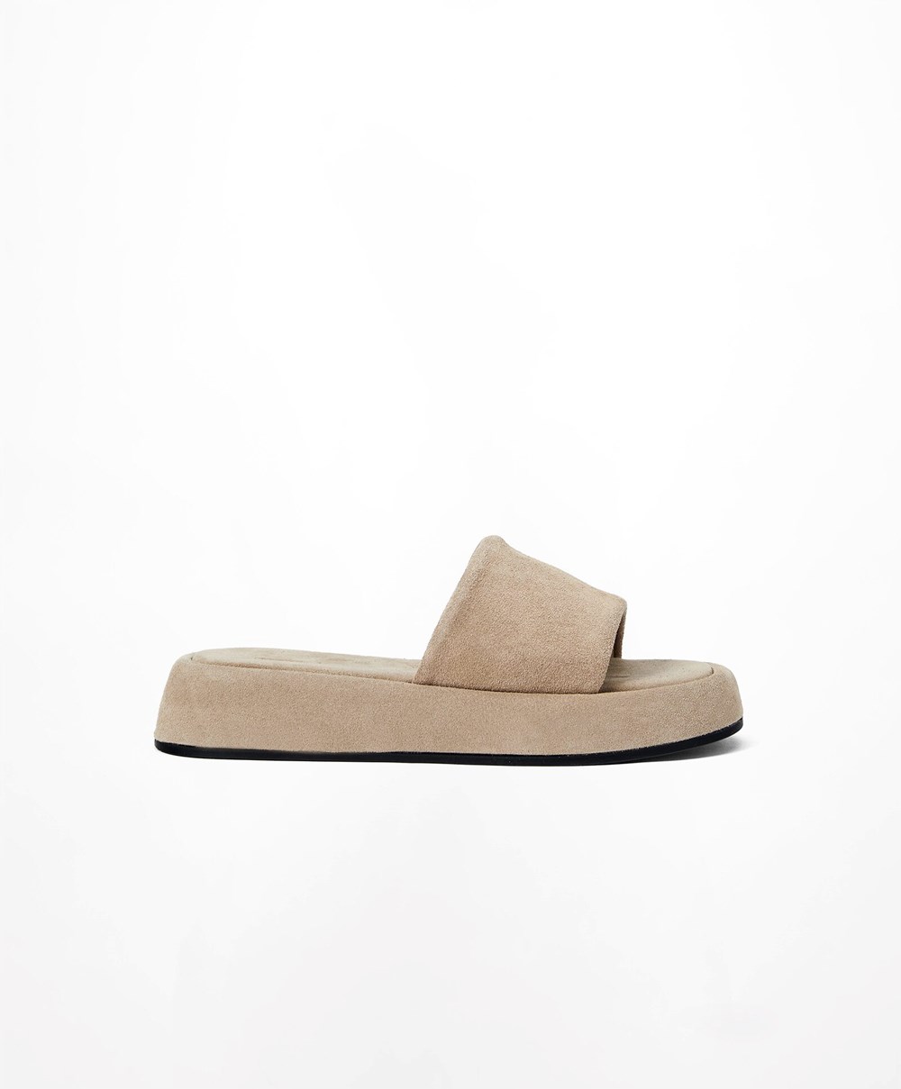 Sand Oysho Split-leather Platform Slides | QECI03978