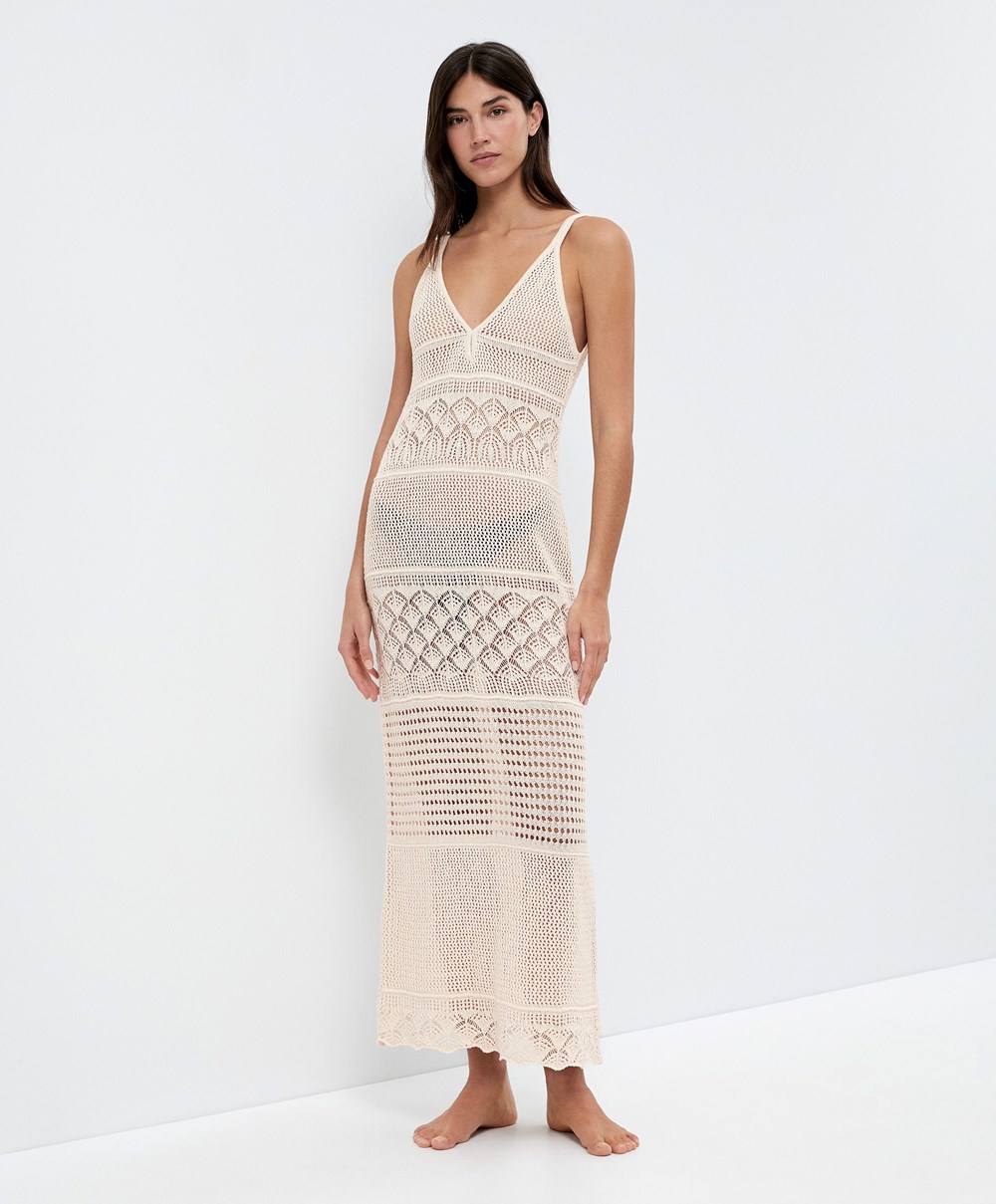 Sand Oysho Textured Crochet Long Dress | FWST51670