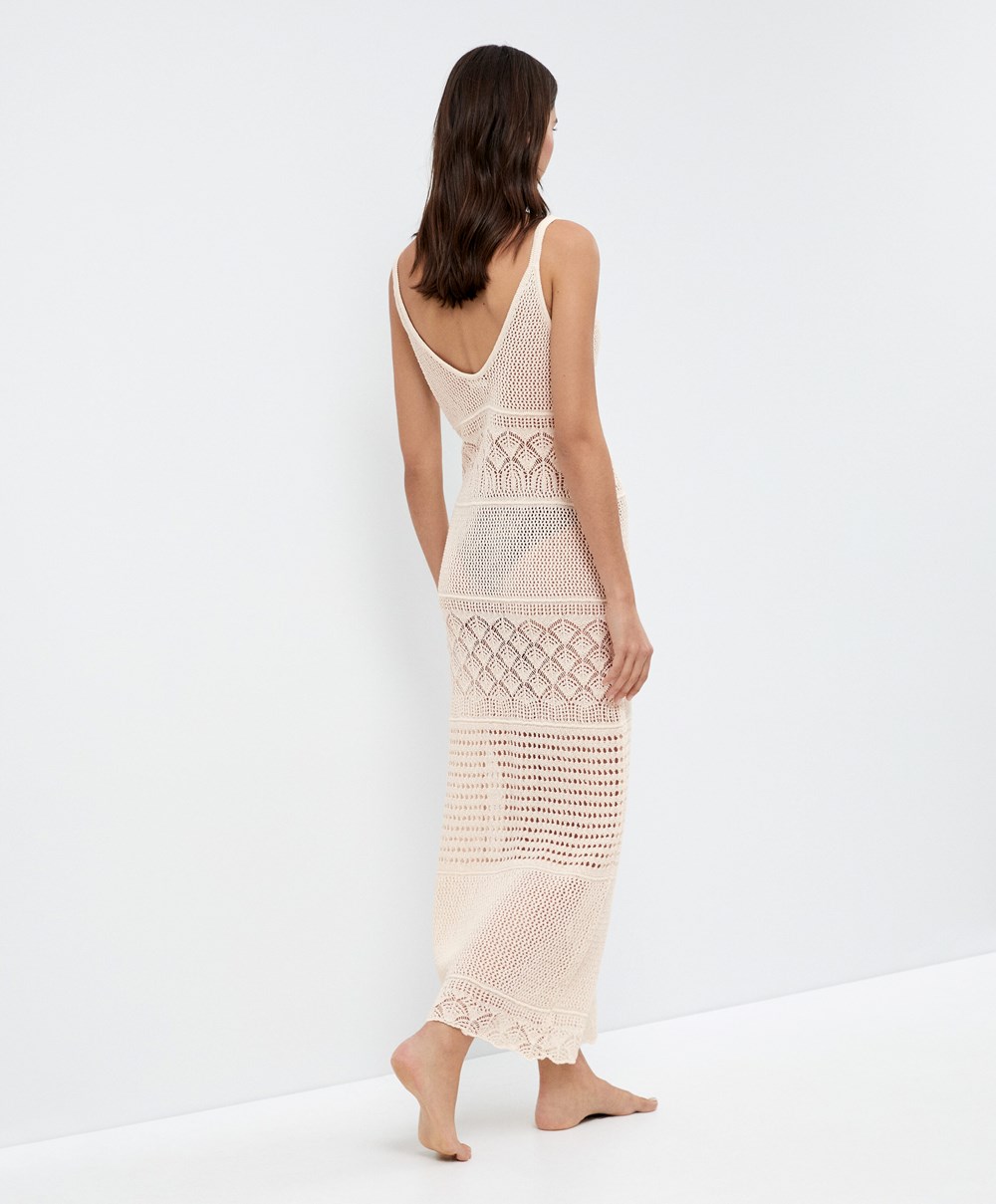 Sand Oysho Textured Crochet Long Dress | FWST51670