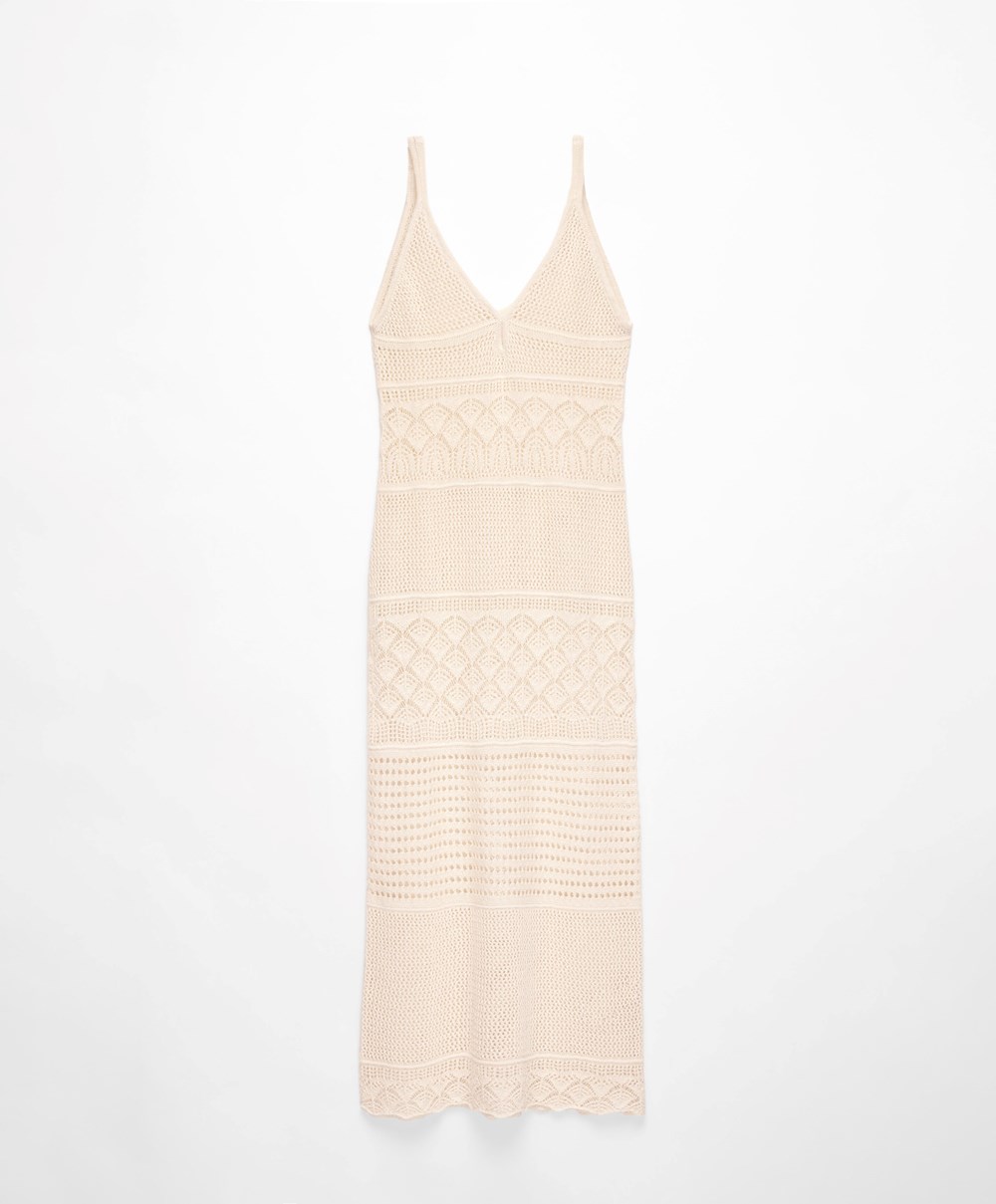 Sand Oysho Textured Crochet Long Dress | FWST51670