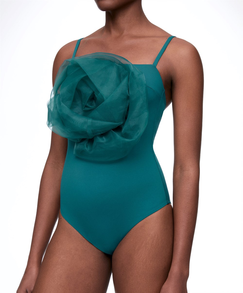 Sapphire Green Oysho Floral Organza Swimsuit | QWCR89732