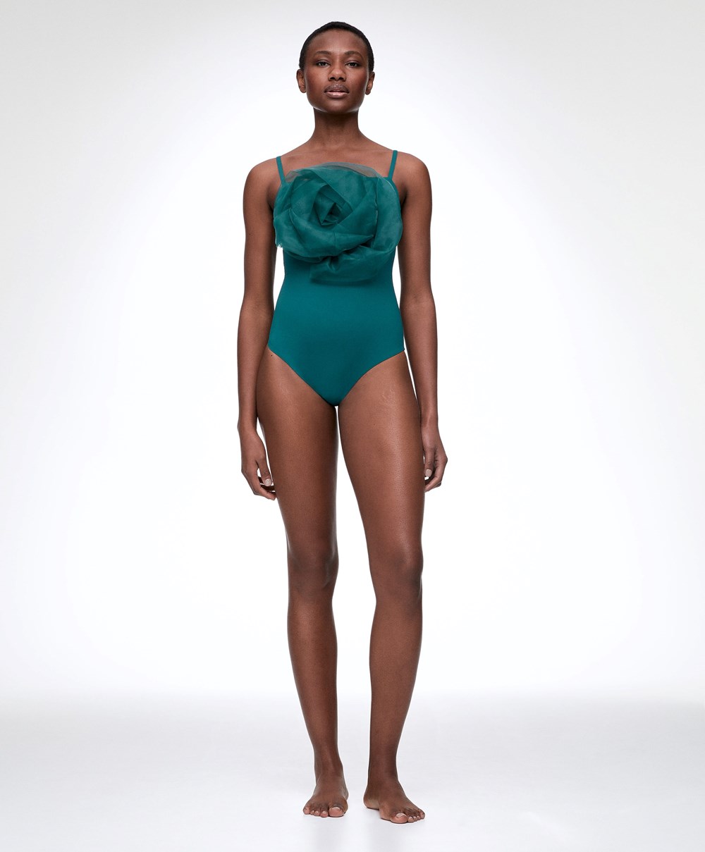 Sapphire Green Oysho Floral Organza Swimsuit | QWCR89732