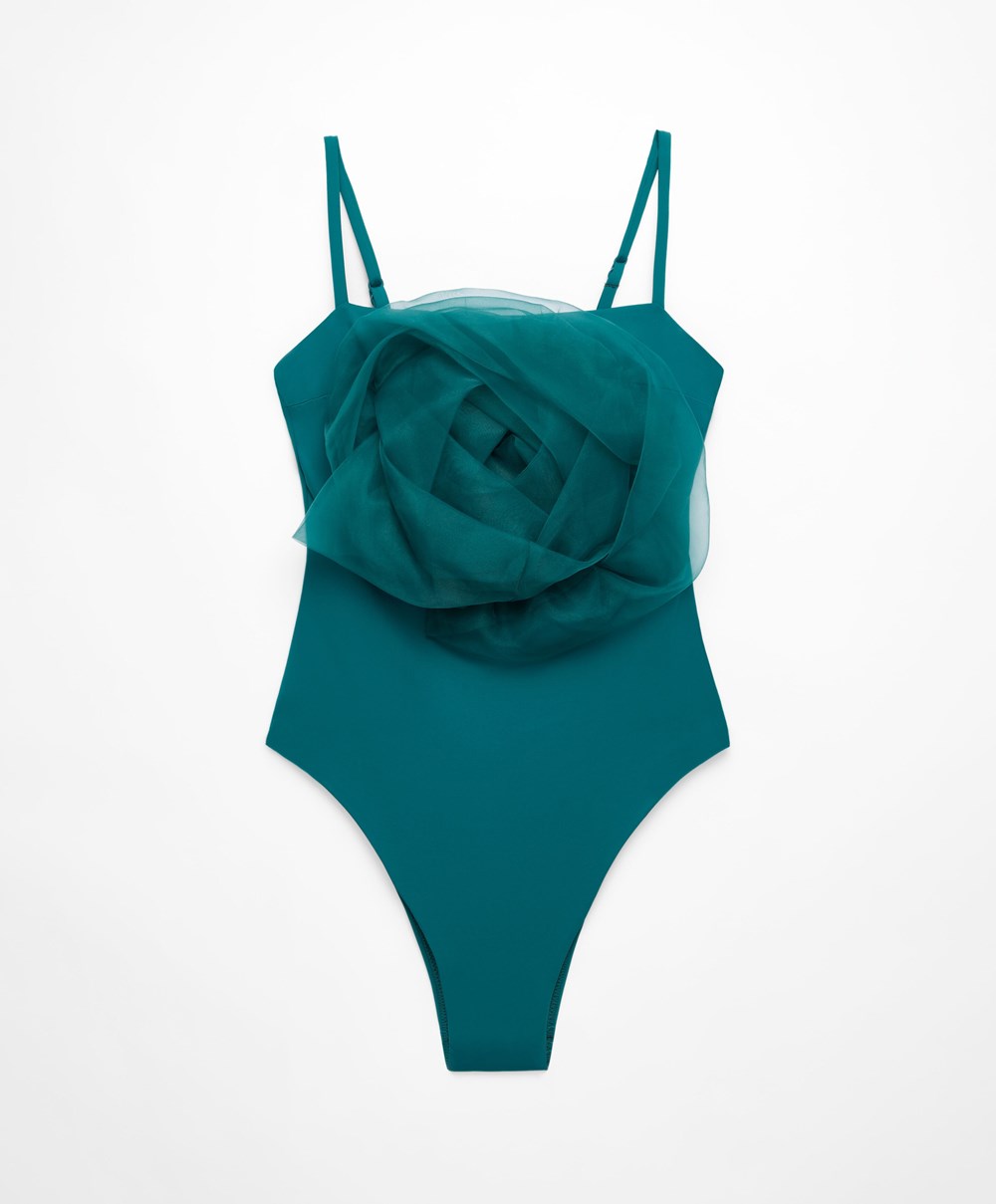 Sapphire Green Oysho Floral Organza Swimsuit | QWCR89732