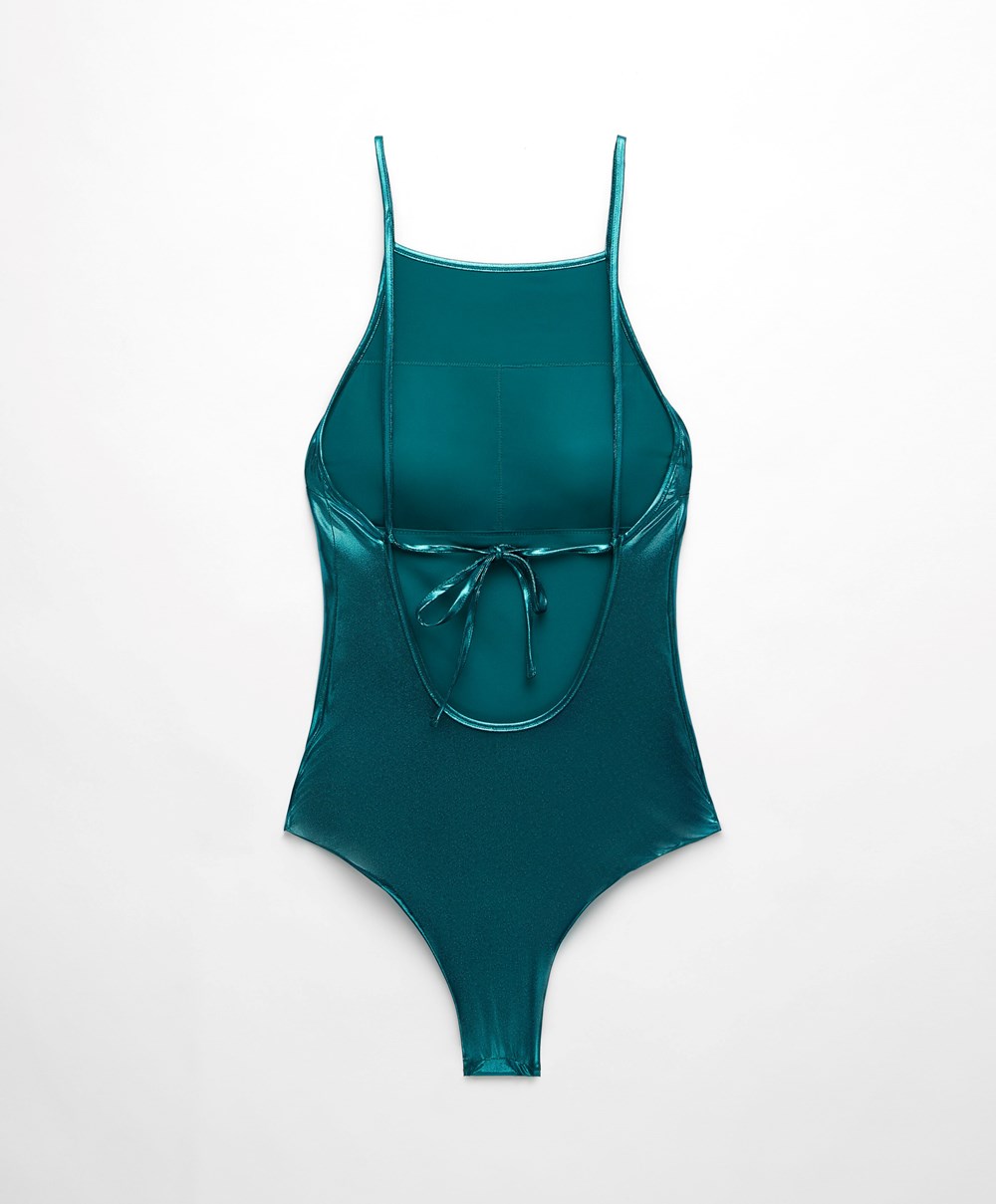 Sapphire Green Oysho Foil Halter Swimsuit | UYNX76893