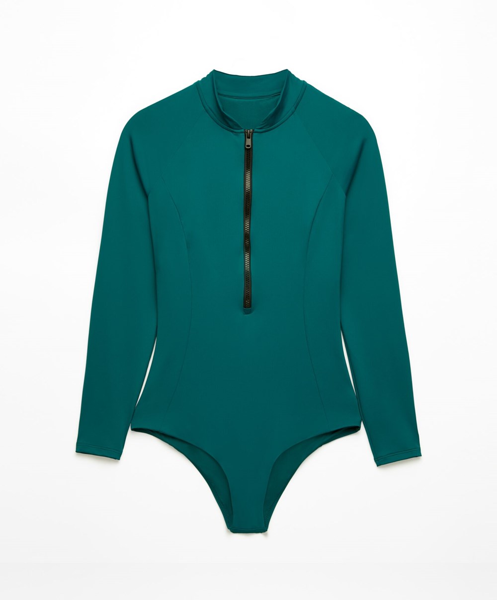 Sapphire Green Oysho Long-sleeved Zip Swimsuit | KPBS76439