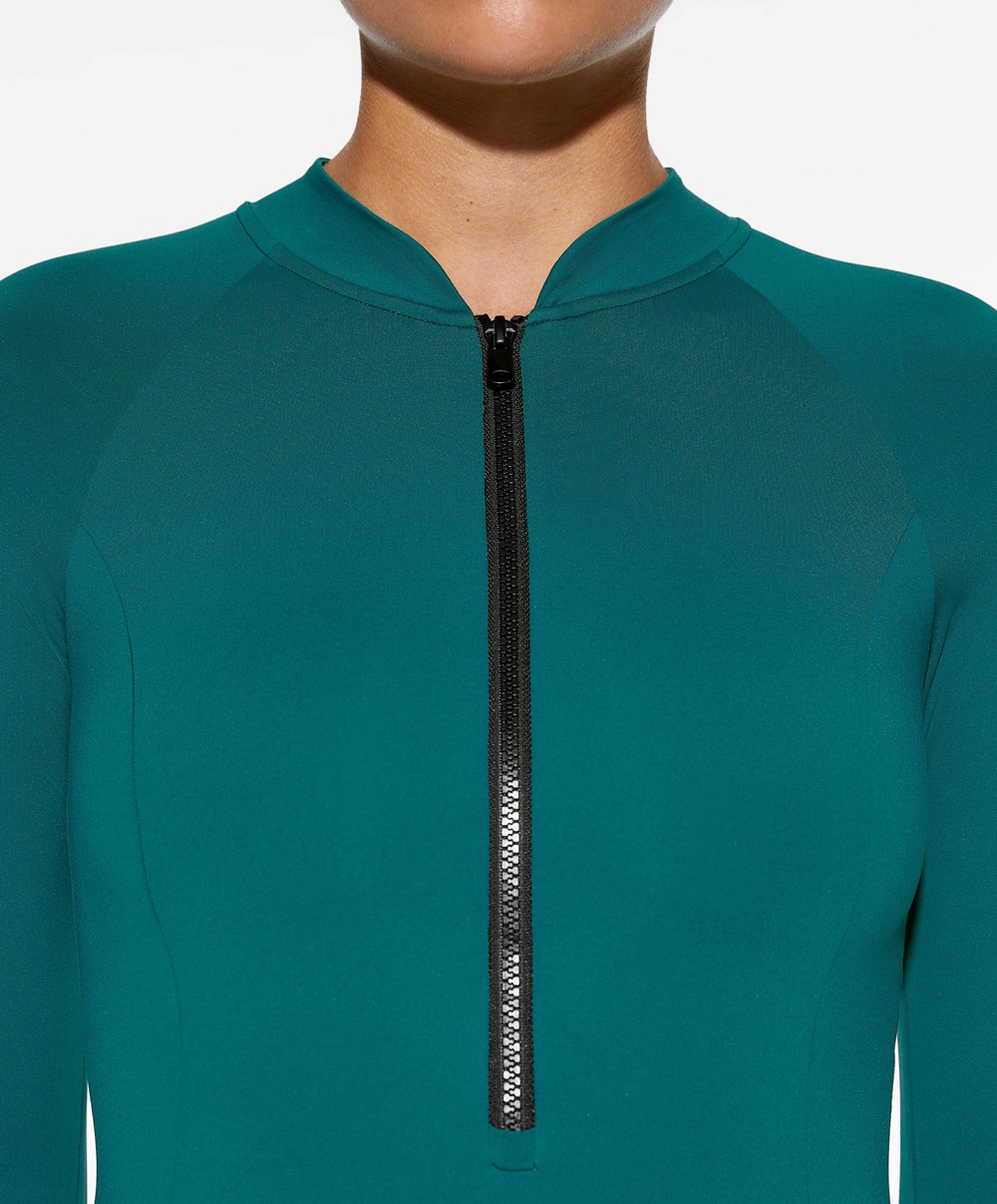 Sapphire Green Oysho Long-sleeved Zip Swimsuit | ROXP20961